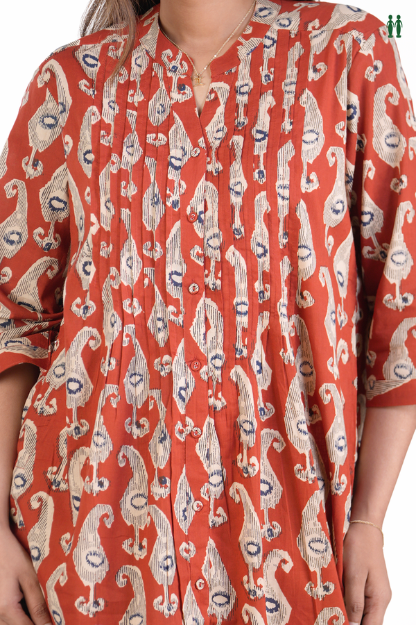 Chinese Neck Printed Design Red Cotton Long Kurta