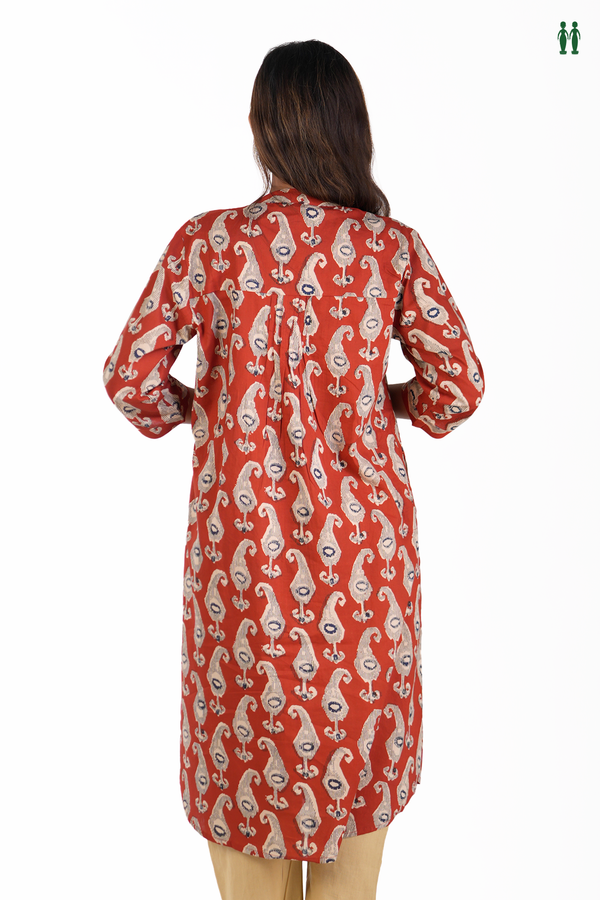Chinese Neck Printed Design Red Cotton Long Kurta