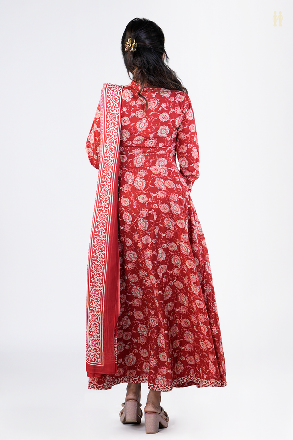 Chinese Neck Printed Design Red Cotton Long Kurta