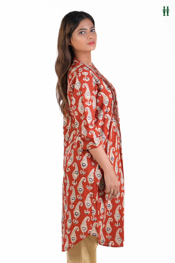 Chinese Neck Printed Design Red Cotton Long Kurta