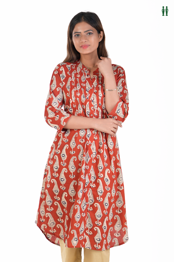 Chinese Neck Printed Design Red Cotton Long Kurta
