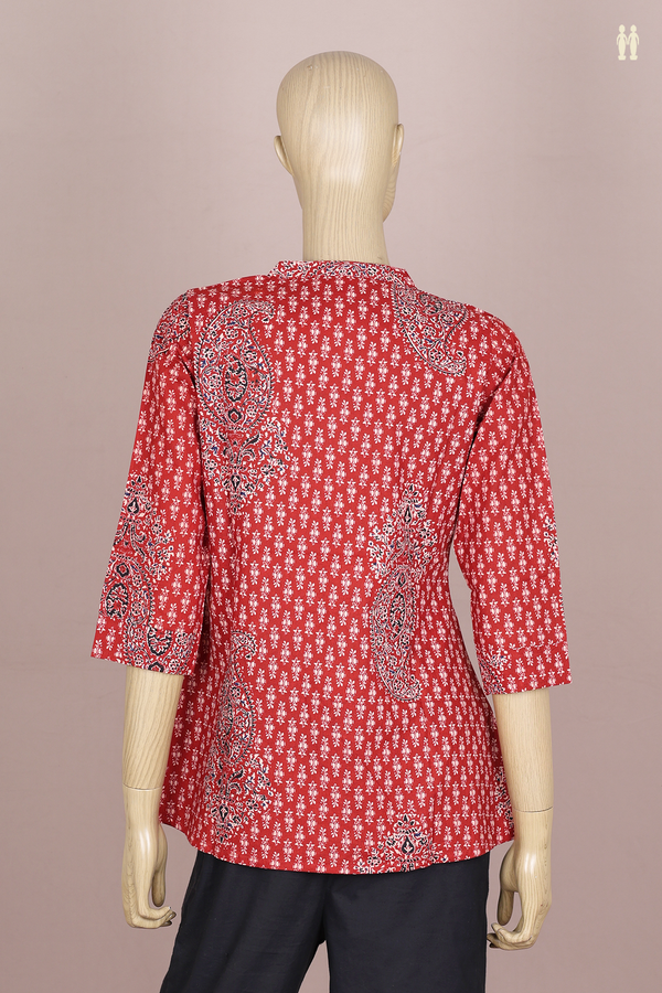 Chinese Neck Printed Design Red Cotton Short Top