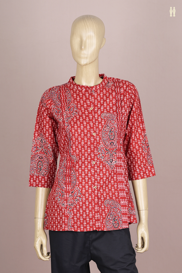 Chinese Neck Printed Design Red Cotton Short Top