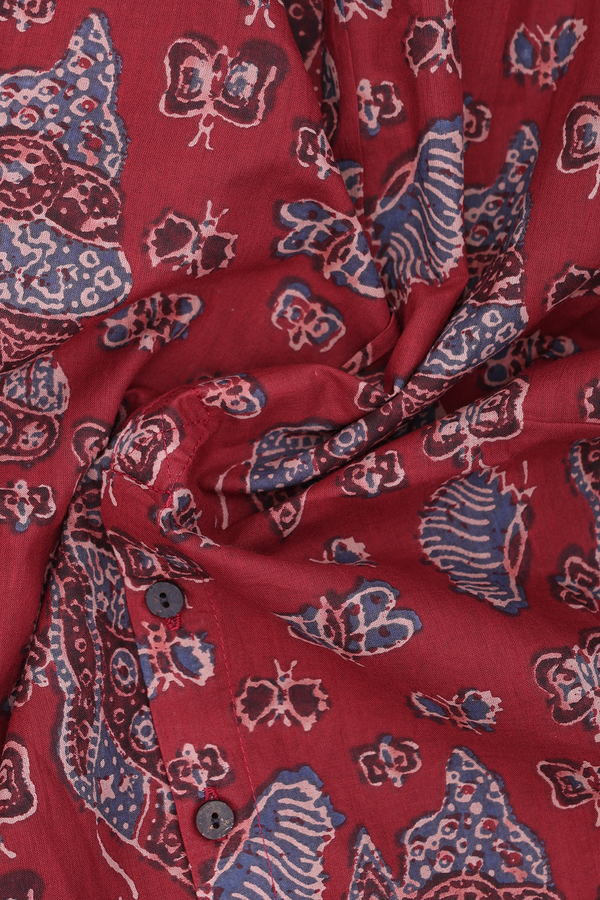 Chinese Neck Printed Design Ruby Red Cotton Short Top