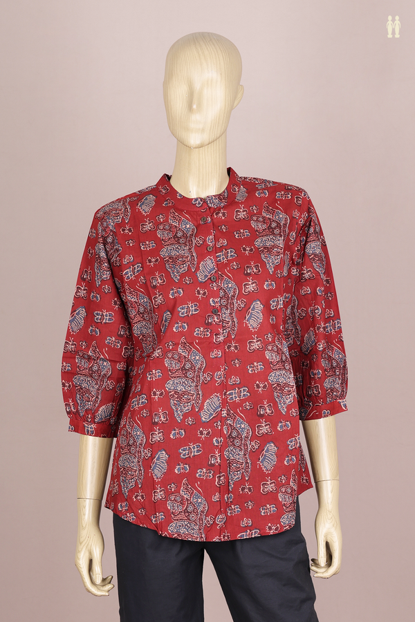Chinese Neck Printed Design Ruby Red Cotton Short Top