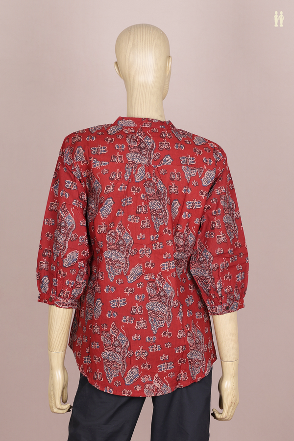 Chinese Neck Printed Design Ruby Red Cotton Short Top