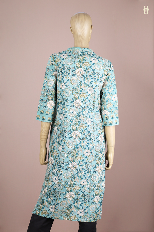 Chinese Neck Printed Design Turkish Blue Cotton Long Kurta