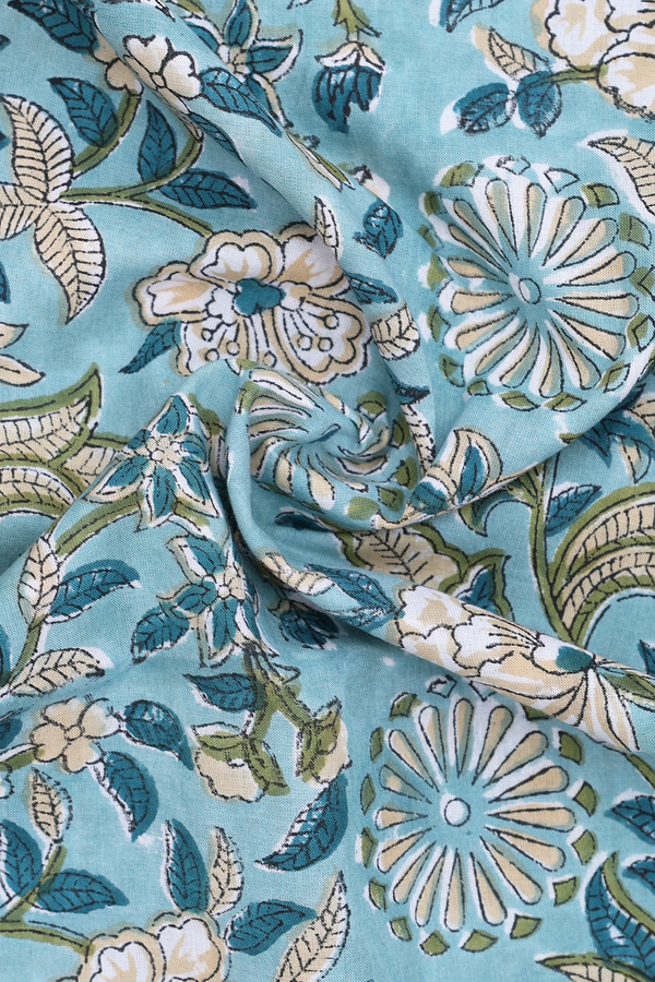 Chinese Neck Printed Design Turkish Blue Cotton Long Kurta