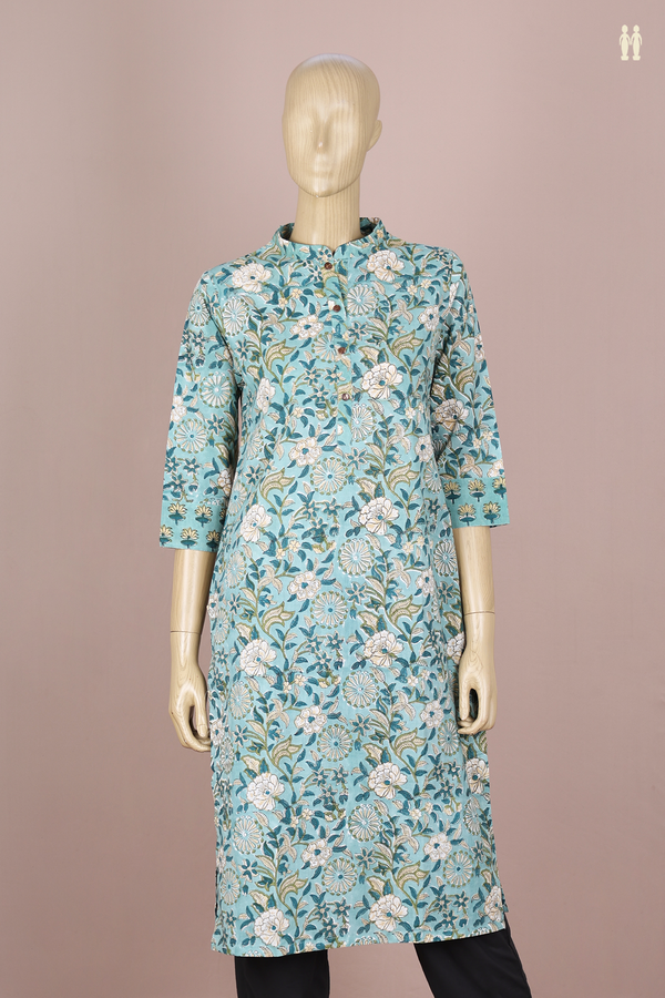 Chinese Neck Printed Design Turkish Blue Cotton Long Kurta