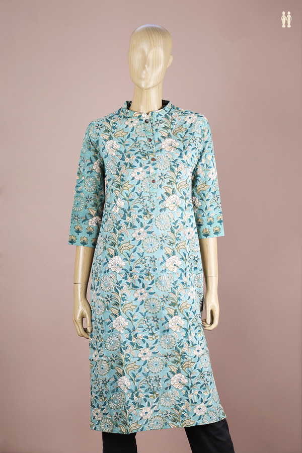 Chinese Neck Printed Design Turkish Blue Cotton Long Kurta