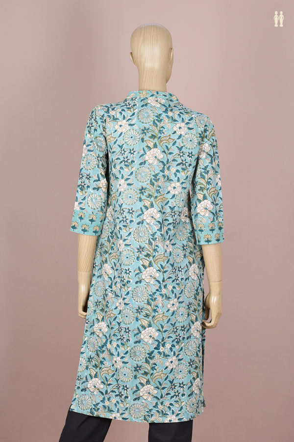 Chinese Neck Printed Design Turkish Blue Cotton Long Kurta