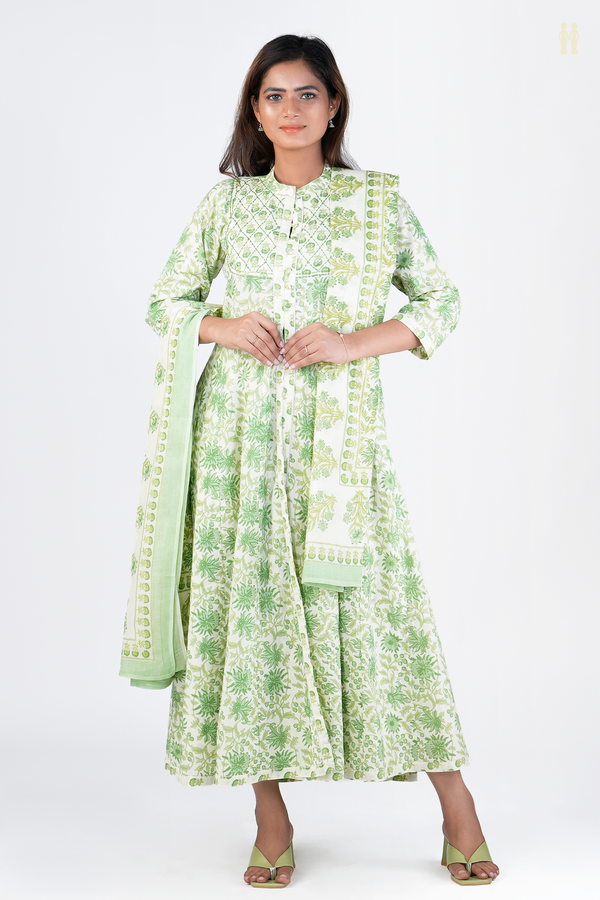 Chinese Neck Printed Design White Cotton Long Kurta