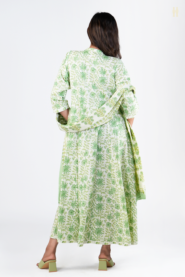 Chinese Neck Printed Design White Cotton Long Kurta