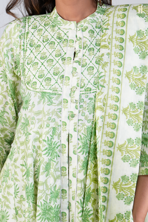 Chinese Neck Printed Design White Cotton Long Kurta
