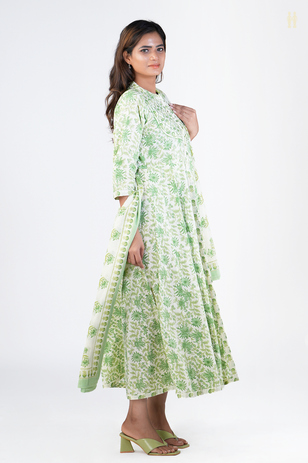 Chinese Neck Printed Design White Cotton Long Kurta
