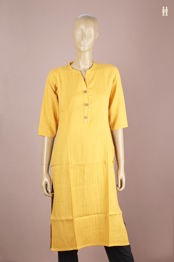 Chinese Neck Stripes Design Yellow Linen Long Kurta
