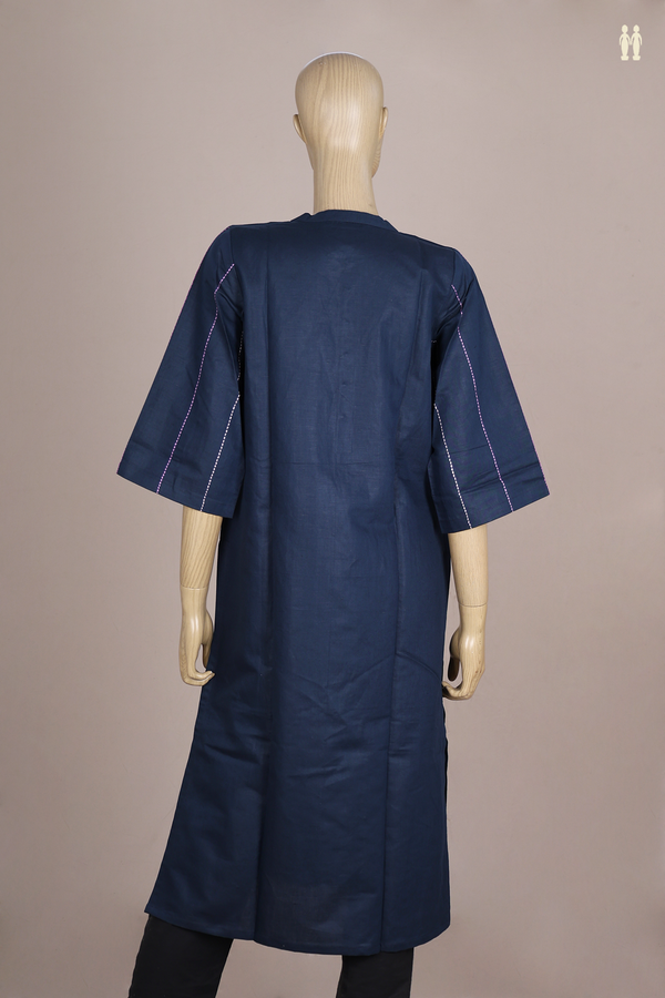 Chinese Neck Stripes Design Navy Blue Linen Long Kurta