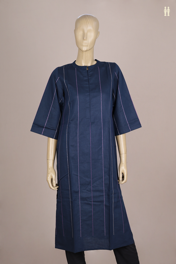 Chinese Neck Stripes Design Navy Blue Linen Long Kurta