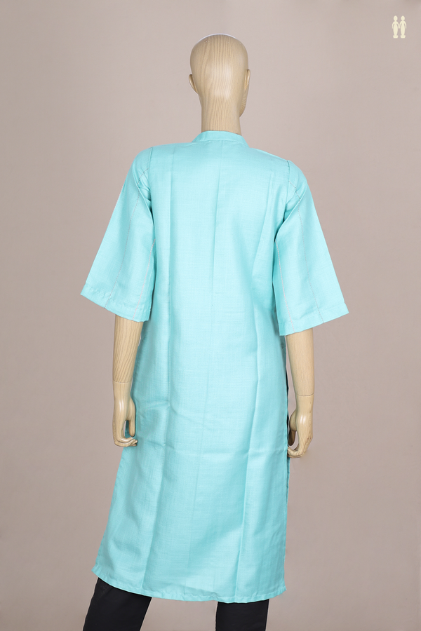 Chinese Neck Stripes Design Turkish Blue Linen Long Kurta