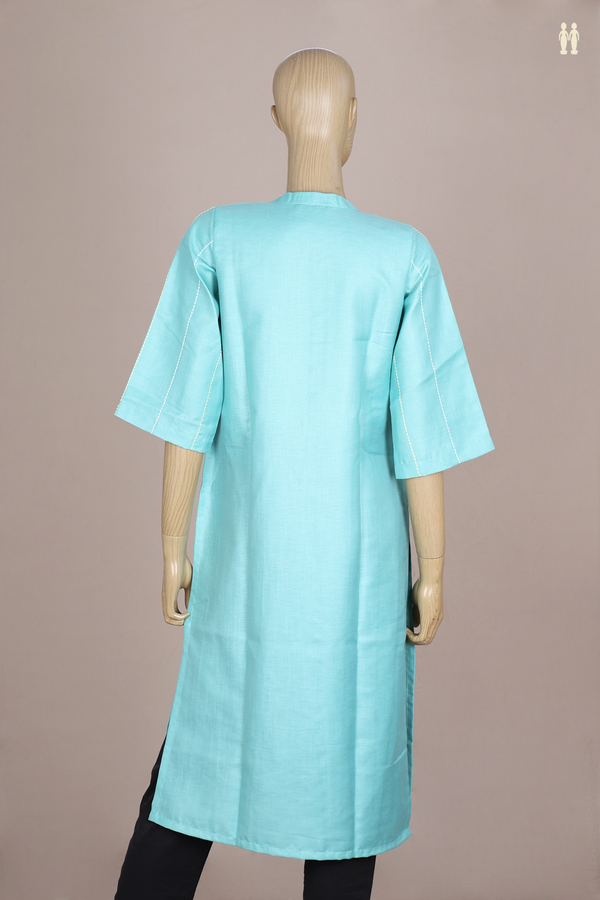 Chinese Neck Stripes Design Turkish Blue Linen Long Kurta