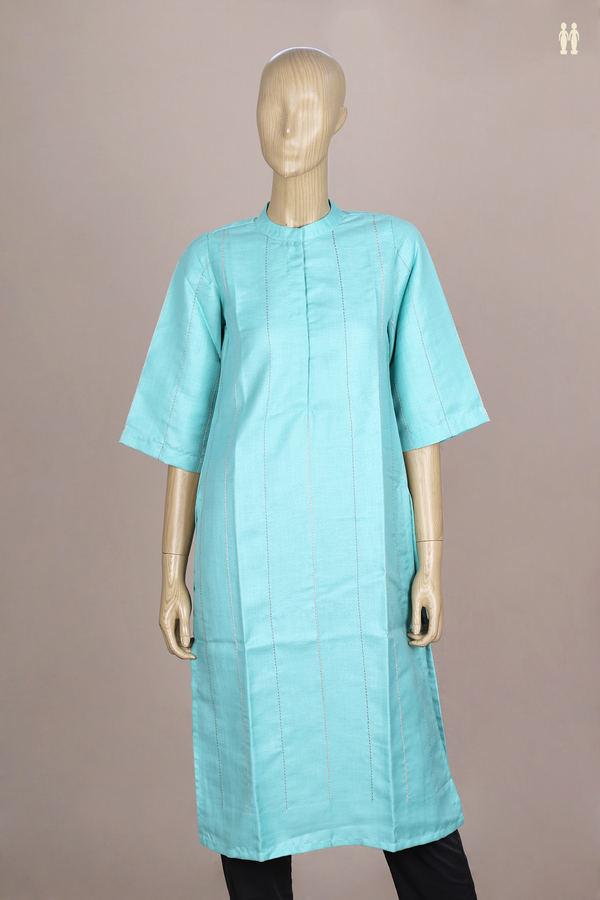 Chinese Neck Stripes Design Turkish Blue Linen Long Kurta