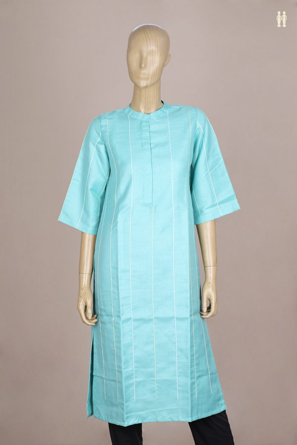 Chinese Neck Stripes Design Turkish Blue Linen Long Kurta