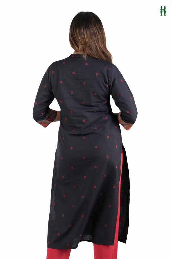 Chinese Neck Threadwork Buttas Black Cotton Long Kurta