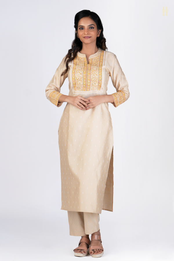 Chinese Neck Threadwork Buttas Brown Raw Silk Salwar Set