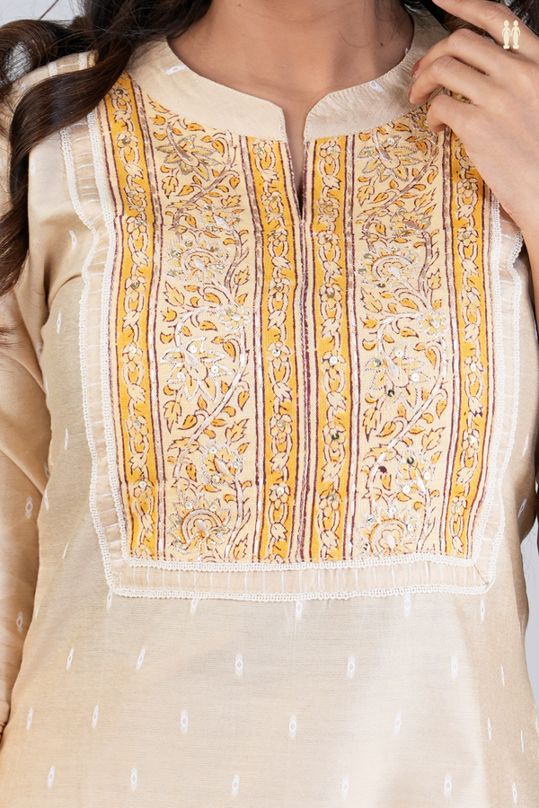 Chinese Neck Threadwork Buttas Brown Raw Silk Salwar Set