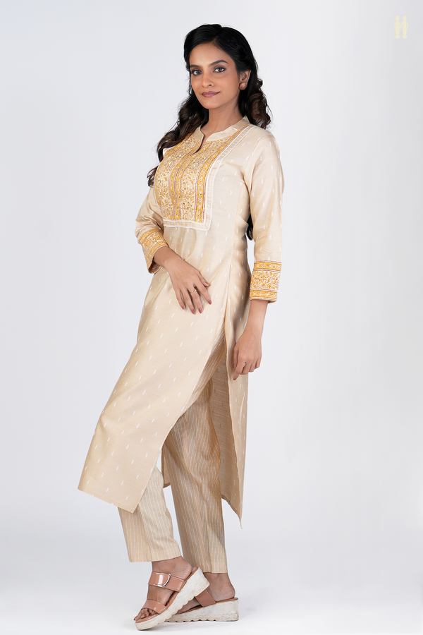 Chinese Neck Threadwork Buttas Brown Raw Silk Salwar Set