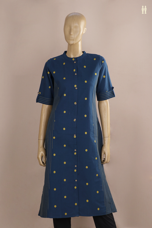 Chinese Neck Threadwork Buttas Capri Blue Cotton Long Kurta