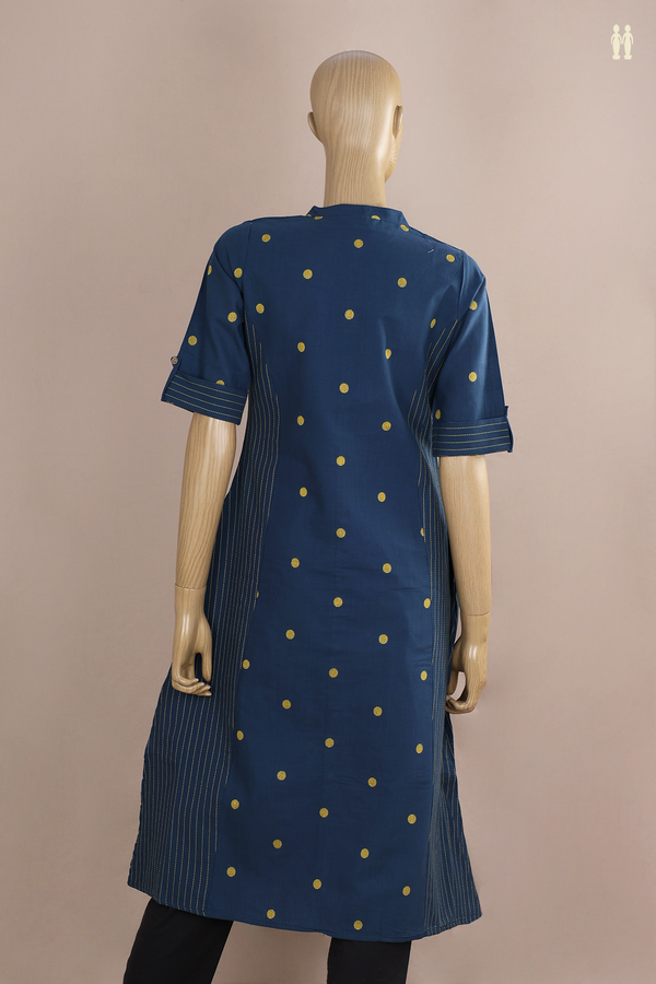 Chinese Neck Threadwork Buttas Capri Blue Cotton Long Kurta