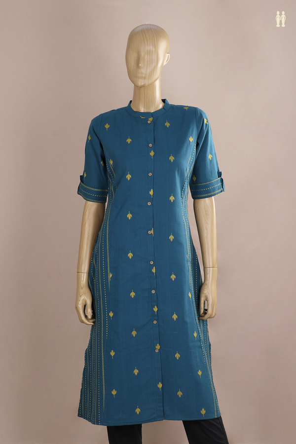Chinese Neck Threadwork Buttas Cobalt Blue Cotton Long Kurta
