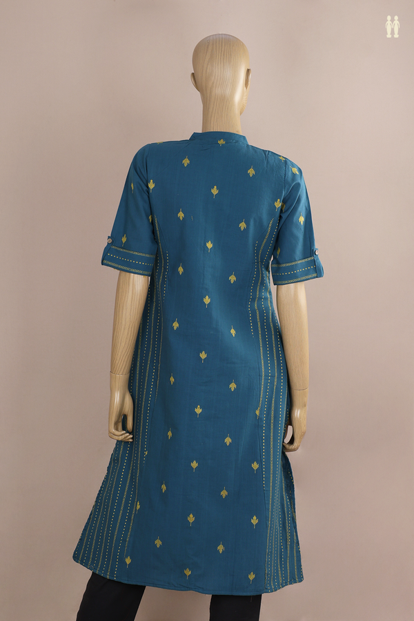 Chinese Neck Threadwork Buttas Cobalt Blue Cotton Long Kurta