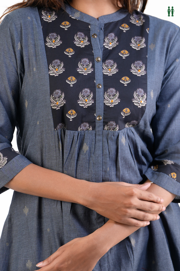 Chinese Neck Threadwork Buttas Pigeon Blue Cotton Long Kurta