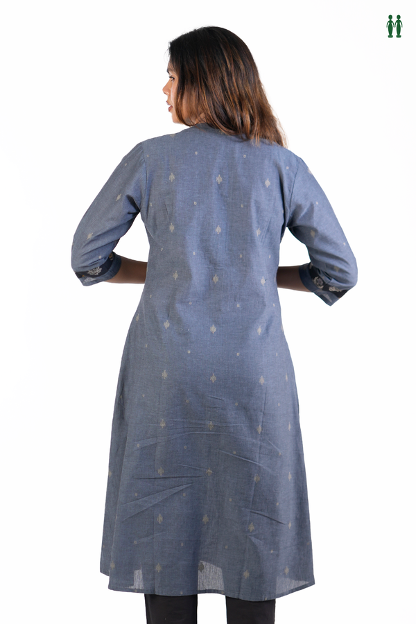 Chinese Neck Threadwork Buttas Pigeon Blue Cotton Long Kurta