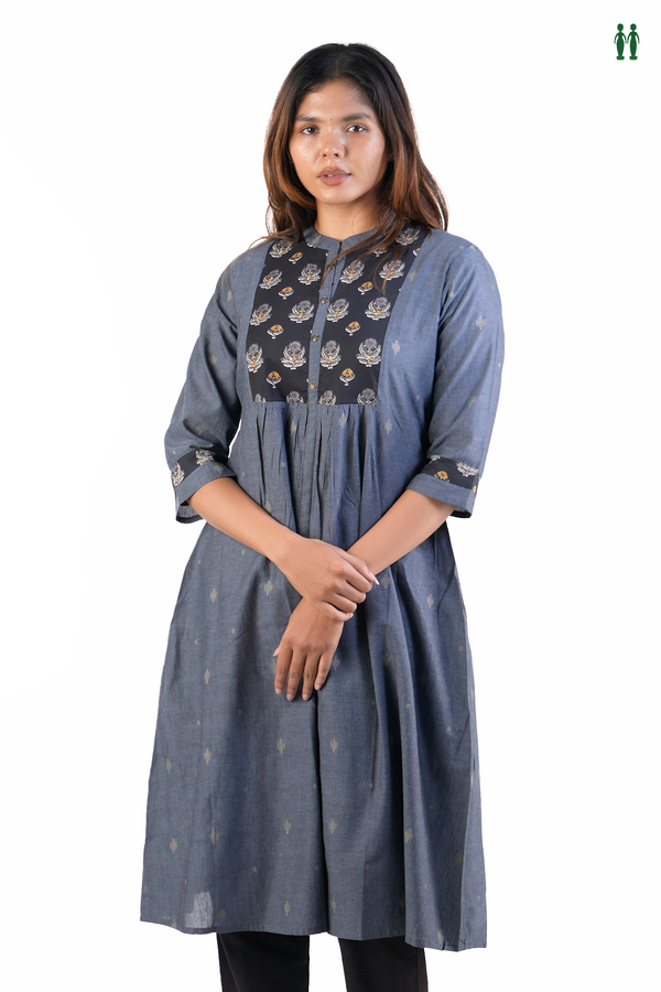 Chinese Neck Threadwork Buttas Pigeon Blue Cotton Long Kurta