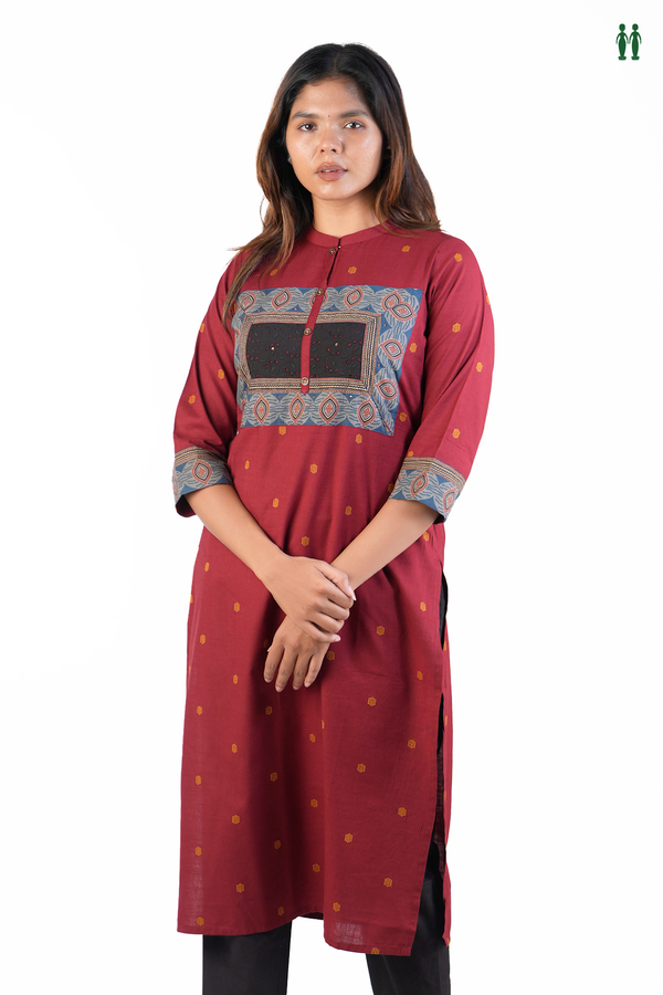 Chinese Neck Threadwork Buttas Red Cotton Long Kurta
