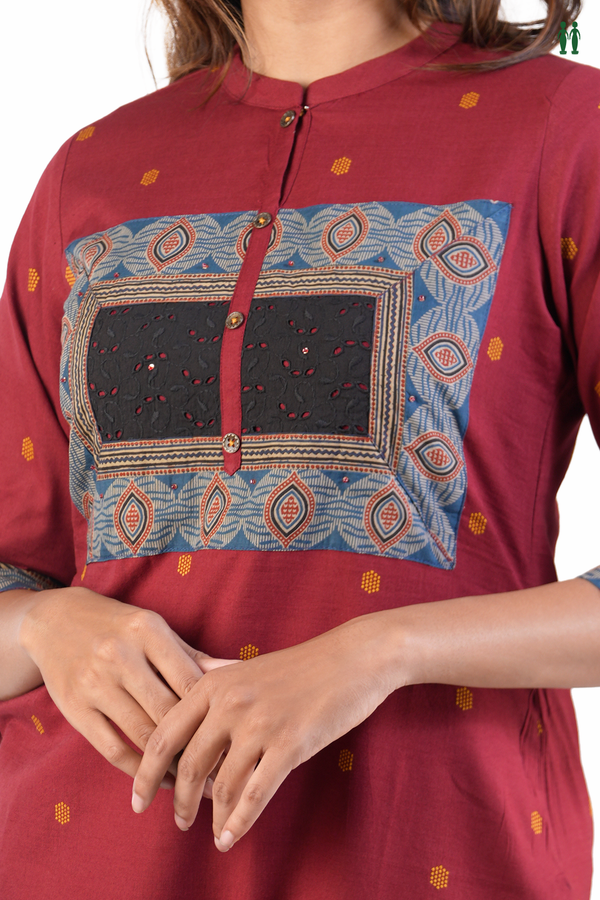 Chinese Neck Threadwork Buttas Red Cotton Long Kurta