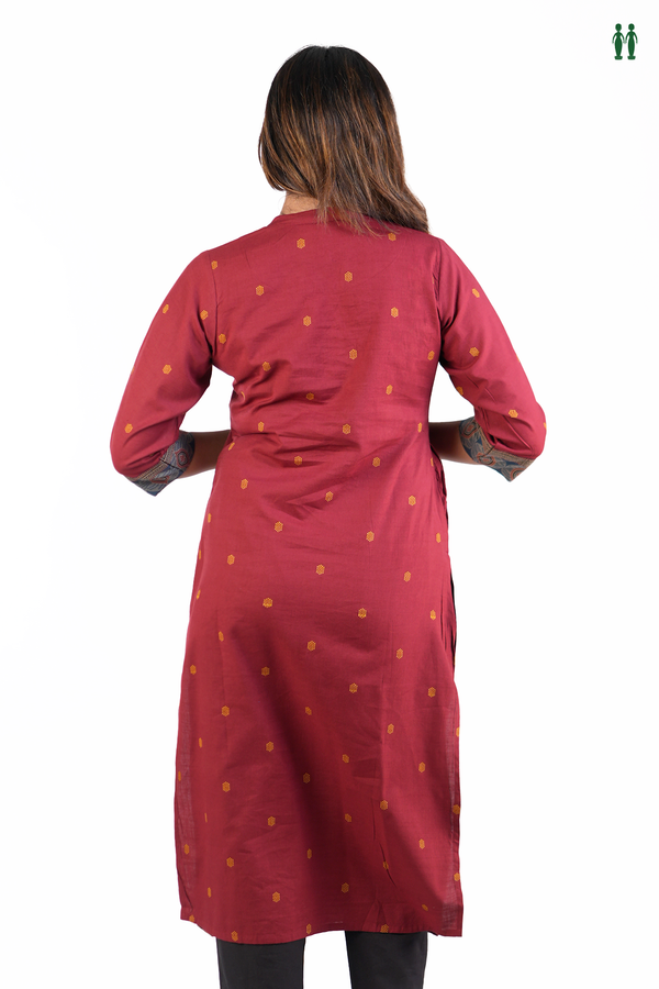 Chinese Neck Threadwork Buttas Red Cotton Long Kurta