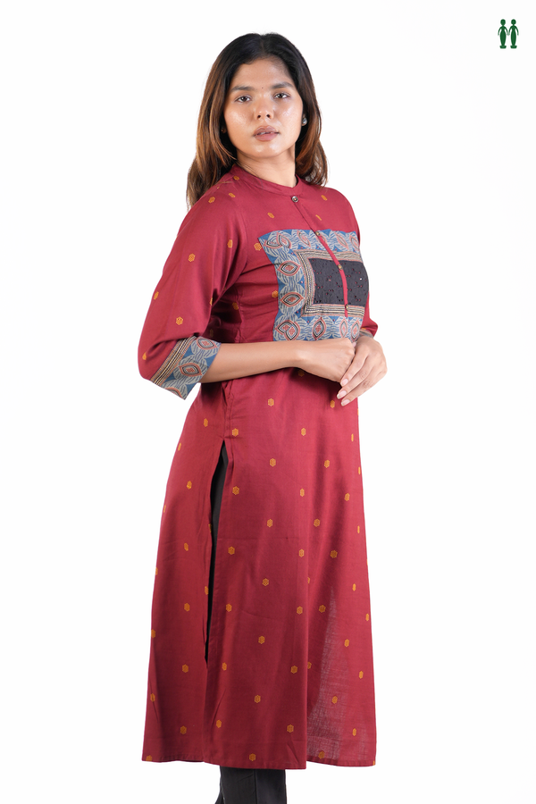 Chinese Neck Threadwork Buttas Red Cotton Long Kurta