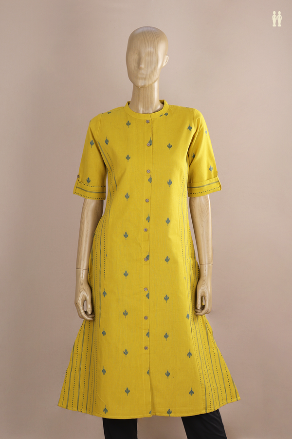 Chinese Neck Threadwork Buttas Yellow Cotton Long Kurta