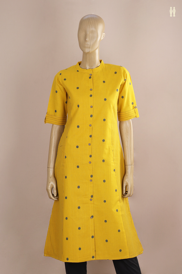 Chinese Neck Threadwork Buttas Yellow Cotton Long Kurta