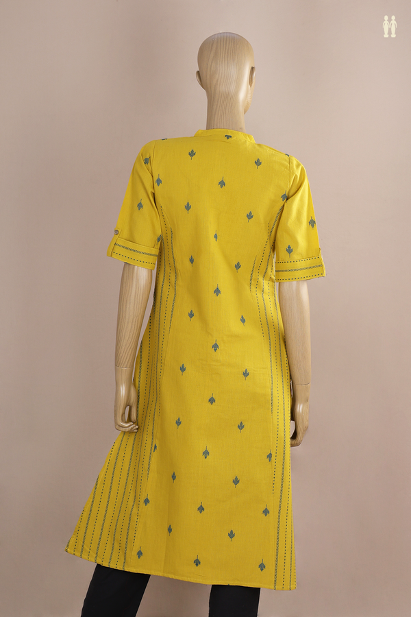 Chinese Neck Threadwork Buttas Yellow Cotton Long Kurta