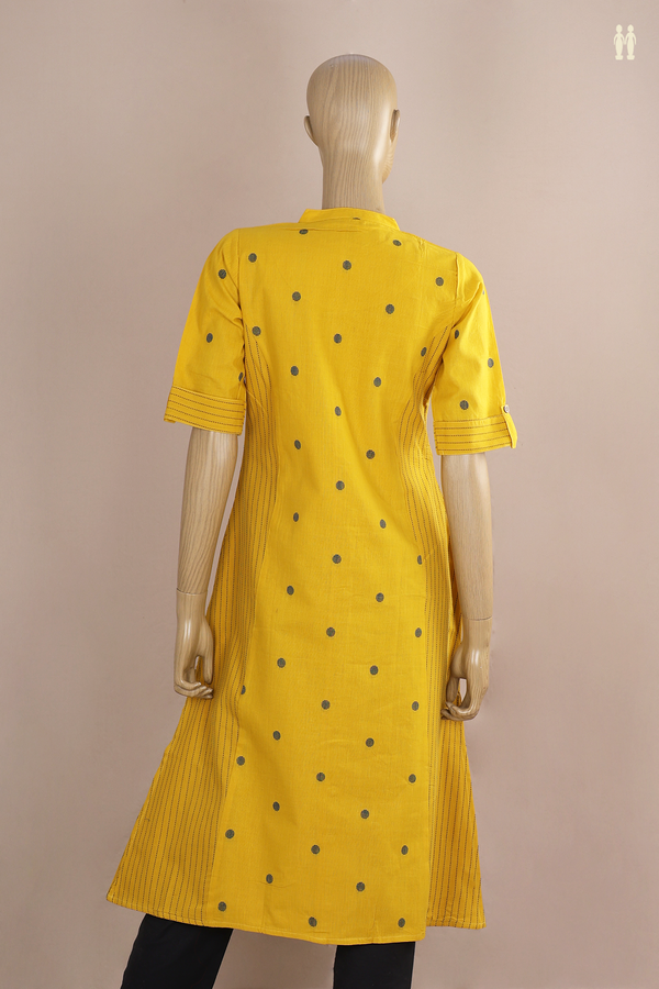 Chinese Neck Threadwork Buttas Yellow Cotton Long Kurta