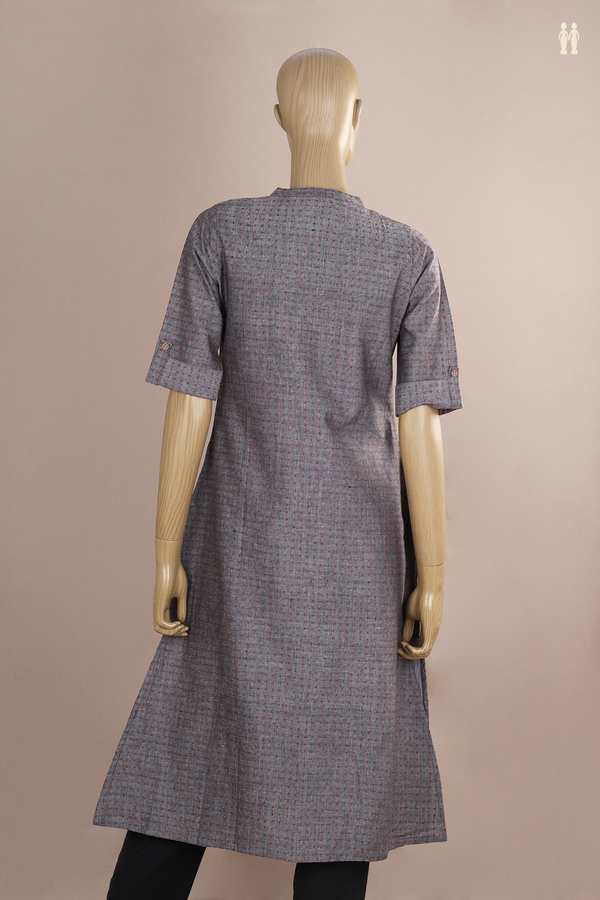 Chinese Neck Threadwork Buttis Grey Cotton Long Kurta