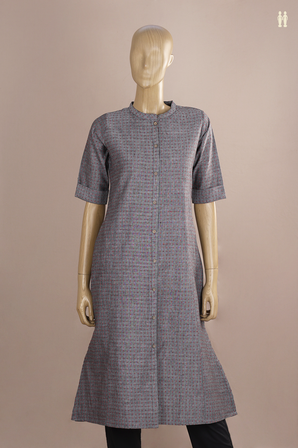 Chinese Neck Threadwork Buttis Grey Cotton Long Kurta