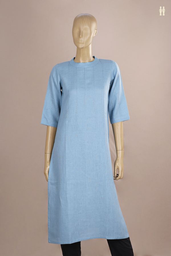 Chinese Neck Threadwork Design Blue Linen Long Kurta