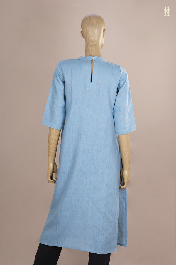 Chinese Neck Threadwork Design Blue Linen Long Kurta