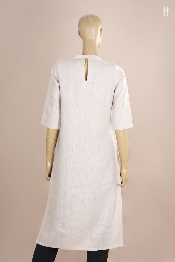 Chinese Neck Threadwork Design Light Grey Linen Long Kurta